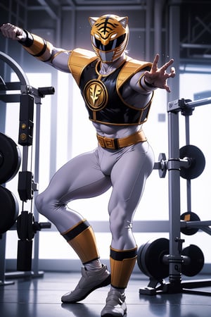 Beautiful man, body shape of a fitness model with large breasts, body suit, power suit, full-body_portrait,zzmckzz,power ranger,White_Ranger, cat_pose