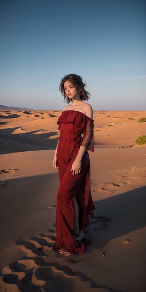 Desert Solitude: Imagine a woman in a flowing red dress, standing atop a sand dune overlooking a vast desert landscape. Full body,The sun dips below the horizon, casting long shadows and painting the sky in fiery hues. The silence is broken only by the whisper of wind, and the woman's expression is one of quiet contemplation amidst the stark beauty of nature's harshest embrace.,portrait,1girl