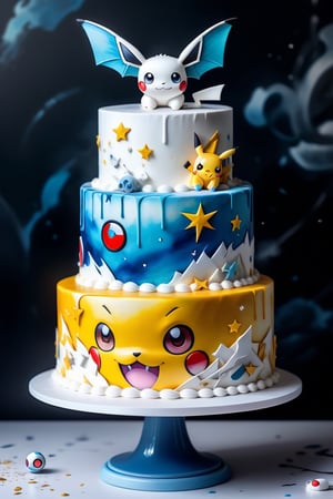 wedding cake, remodernism ,white with 
 pokemon  icon on it
 scattered the cake,masterpiece 8k wallpaper, art photography, manga drawing, an airbrush painting, vibrant oil painting, beautiful matte art, LitRPG, extremely detailed, neo-blie romanticism, DSLR, HDR