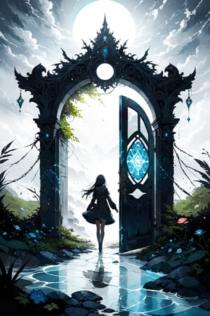 a young girl crossing through a door leading to two different worlds, one world full of lush greenery and vibrant flowers, the other world dark and mysterious with swirling storm clouds, the door adorned with intricate carvings and glowing runes, the environments merging around the doorway, creating a surreal and dreamlike scene, a mix of fantasy and reality, captured in a digital painting style with surreal elements and vivid colors. ,island,LegendDarkFantasy,dataviz style,more detail XL
