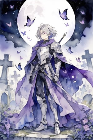 tarot, Dark Paladin, 1 male in his 20's, standing, white hair, medium hair, messy hair, silver armor, purple cape, purple eyes, night, moon, graveyard, purple flowers in graveyard, purple_magic_butterflies, aesthetic, watercolor \(medium\),extremely detailed