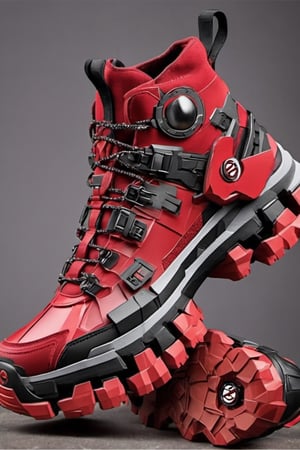 futuristic crypto deadpool shoes , Hiking shoes inspire by deadpool design, Salomon brand, high_resolution, high detail, realistic, realism,cyborg style,Colourful cat ,steampunk style,Origami 