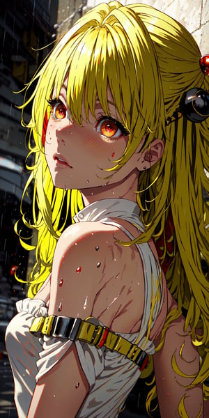 (pov:1.1), upper_body, portrait,, 1girl, (((solo))), toloveruyami, (yellow hair:1.5), long hair, (red eyes:1.5), (hair ornament:1.2), two side up,  medium breasts, Eye lashes,Beautiful pupils,eyeshadows,Light blush,Delicate facial features,Rational facial features,（wet wear：1.4）,Real rain, in the morning, Wet hair, (((in the morning))),（（（tmasterpiece）,（Very detailed CG unity 8K wallpaper）,best qualtiy,cinmatic lighting,detailed back ground,beatiful detailed eyes,（Very fine and beautiful）,（Beautiful and detailed eye description）,ultra - detailed,tmasterpiece,））, kaa, white transparent wedding dress , sleeveless, off-shoulder, bracelet, urban techwear, (((front view))),hair ornaments, phyami,High detailed ,yami,urban techwear