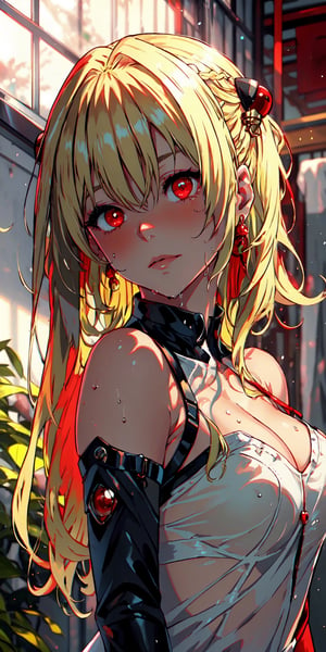 (((wide shot))), 1girl, (((solo))), toloveruyami, (blonde hair:1.5), long traight hair, (red eyes:1.5), (hair ornament:1.2), two side up,  medium breasts, Eye lashes,Beautiful pupils,eyeshadows,Light blush,Delicate facial features,Rational facial features,（wet wear：1.4）,Real rain, in the morning, Wet hair, (((in the morning))),（（（tmasterpiece）,（Very detailed CG unity 8K wallpaper）,best qualtiy,cinmatic lighting,detailed back ground,beatiful detailed eyes,（Very fine and beautiful）,（Beautiful and detailed eye description）,ultra - detailed,tmasterpiece,））, kaa, white transparent wedding dress , sleeveless, off-shoulder, bracelet, urban techwear, (((front view))),hair ornaments, phyami,High detailed ,yami,urban techwear,phyami,golden_darkness