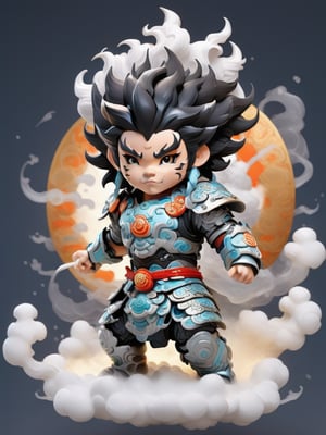 mythical clouds, 1boy, solo, male focus, black hair, weapon, holding, holding weapon, horns, pointy ears, smoke, full body, long sleeves, armor, japanese clothes, short hair, closed mouth,3d figure,cyborg,tshirt design