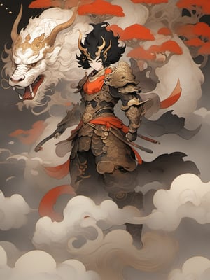 mythical clouds, 1boy, solo, male focus, black hair, weapon, holding, holding weapon, horns, pointy ears, smoke, full body, long sleeves, armor, japanese clothes, short hair, closed mouth,3d figure,cyborg,tshirt design,6000,dfdd