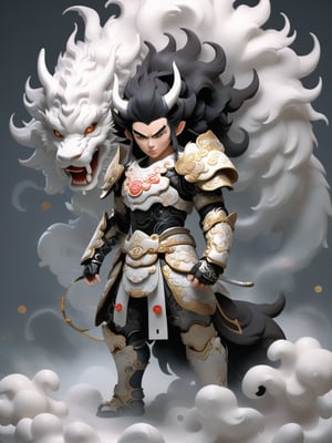 mythical clouds, 1boy, solo, male focus, black hair, weapon, holding, holding weapon, horns, pointy ears, smoke, full body, long sleeves, armor, japanese clothes, short hair, closed mouth,3d figure,cyborg,tshirt design,6000,dfdd