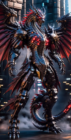 A Hi-Tech cyberpunk style black red dragon style suit, Hi-Tech mechanical wings, Custom design, shining body, glowing look, full shining suit, body, hues.,steampunk style,cyberpunk style,mecha, perfect custom Hi-Tech suit, weapon master, ,cyborg style,Movie Still,robot,cyberpunk, batman Hi-Tech motor_bike, , , , , 