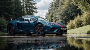 masterpiece,photo of landscape, sunny weather,(sports car,color {blue and red incandescent}), 8k,hdr, high quality, film grain,reflection masterpiece, vivid colours , weather ,puddles