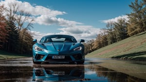 masterpiece,photo of landscape, sunny weather,(sports car,color {blue and red incandescent}), 8k,hdr, high quality, film grain,reflection masterpiece, vivid colours , weather ,puddles