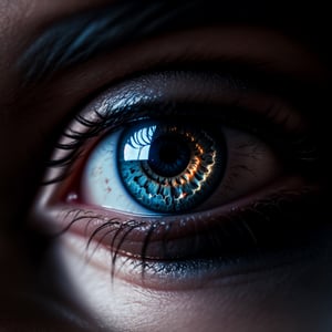 style of Brandon Woelfel, blue eye, close up, macro, black background, cinematic, depth of field, realistic, detailed, photography, thematic background, ambient enviroment,perfecteyes