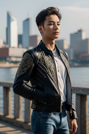 (masterpiece), (extremely intricate:1.3), (realistic), entered, award winning upper body digital art, (hyperelistic shadows), masterpiece, | korean, tight blue jean, open leather jacket, | city, sea, bokeh, blurred background, depth of field 