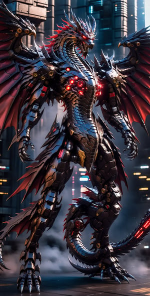 A Hi-Tech cyberpunk style black red dragon style suit, Hi-Tech mechanical wings, Custom design, shining body, glowing look, full shining suit, body, hues.,steampunk style,cyberpunk style,mecha, perfect custom Hi-Tech suit, weapon master, ,cyborg style,Movie Still,robot,cyberpunk, batman Hi-Tech motor_bike, , , , , 