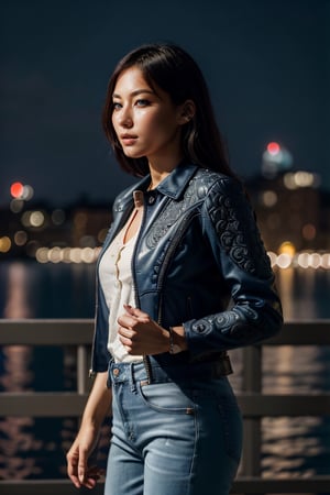 (masterpiece), (extremely intricate:1.3), (realistic), entered, award winning upper body digital art, (hyperelistic shadows), masterpiece, | korean, tight blue jean, open leather jacket, | city, sea, bokeh, blurred background, depth of field, night film, 