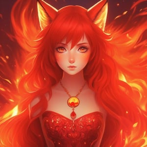 red fire hair, red hair, Surrealism, anime, anime style, 8k, super detail, masterpiece, high quality, a girl with fire mosaic dress, bright fire eyes,Spirit Fox Pendant