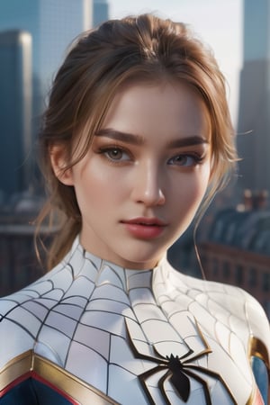 (1girl:1.3), Solo, (((Very detailed face)))), ((Very detailed eyes and face)))), Beautiful detail eyes, Body parts__, Official art, Unified 8k wallpaper, Super detailed, beautiful and beautiful, beautiful, masterpiece, best quality, original, masterpiece, super fine photo, best quality, super high resolution, realistic realism, sunlight, full body portrait, amazing beauty, dynamic pose, delicate face, vibrant eyes, (from the front), She wears Spider-Man suit, white and gold color scheme, spider, very detailed city roof background, rooftop, overlooking the city, detailed face, detailed complex busy background, messy, gorgeous, milky white, highly detailed skin, realistic skin details, visible pores, clear focus, volumetric fog, 8k uhd, DSLR, high quality, film grain, fair skin, photo realism, lomography, futuristic dystopian megalopolis, translucent,g_s,More Reasonable Details