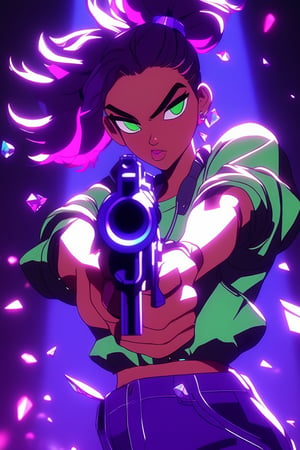 1girl, solo_female, 18 years old girl, wearing green shirt and purple trouser, funky style, funk girl, handgun, holding handgun, aiming to camera, sharp crystal behind her, neon light crystal, masterpiece, ultra-detailed, 8k, ,niji6,scenery