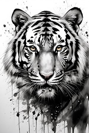 a painting of tiger, oil painting, black and white painting, ((black white color)), (abrasive authenticity: 1.45), ink splashes all over the canvas,ink ,halsman, ratio 4:5