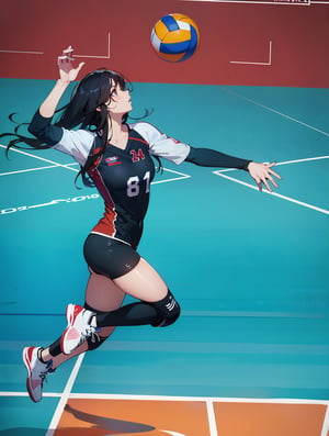 High quality, beautifully drawn, 8K, a girl, long black hair, wheat-colored skin, volleyball uniform, focused expression, volleyball court,