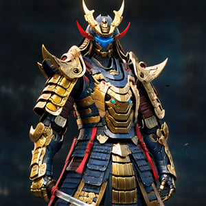 (dark gold armor: dark blue armor: 1.2), Japanese samurai, full body, katana, future technology, tattered samurai clothing, metallic luster, polishing, doomsday style, abandoned city, red mechanical eyes