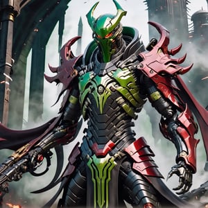 (black armor: bright green armor: 1.2), Reaper, full body, blood red scythe, future technology, cloak, metallic luster, polishing, doomsday style, abandoned city, red mechanical eyes,cyborg style,6000