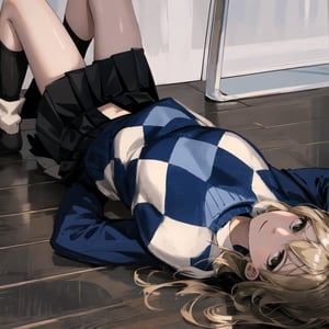 Sweater, narrow skirt, knee socks, long blonde hair, lying on the wooden floor, looking at the screen, legs curled up.