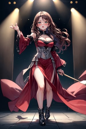 masterpiece, best quality, dorothea, red dress, detached sleeves, cleavage, corset, stage, performance, seductive expression, blushing