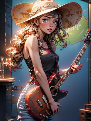 High quality, beautifully drawn, 8K, a girl, long blond curly hair, tanned skin, sleeveless top, jeans, holding a guitar, wearing a cowboy hat, looking at the screen