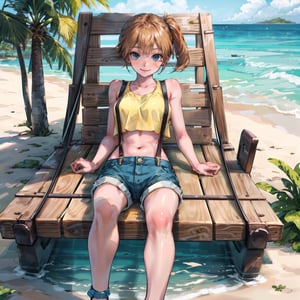 ((masterpiece,best quality)), Misty_Pokemon, pig tail, small breasts, blue eyes, yellow crop top, suspenders, solo, smiling, looking at viewer,  cinematic composition,lying on the beach basking in the sun,1girl,sandy beach, coconut trees, big sun, coast,hot pants