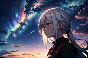 absurdres, highres, (official art, beautiful and aesthetic:1.2), close view,1girl, shining sky, vast world, gazing, awe-inspiring expression, distant horizon, clouds, high hill, natural beauty, inspiration, night sky, Shining Stars,