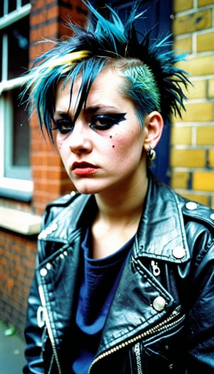 A one usual london punk girl in the 1978,modelshoot style,(old color film photography,grainess,hard flash),crying,,emotional,(best quality, masterpiece),sideshot,(wearing seditionaries clothing,cats-eye makeup),