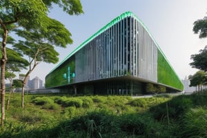 futuristic building that uses advanced technology to integrate perfectly with its environment, making it almost invisible, with a large amount of vegetation around it, straight lines