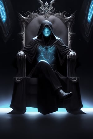 Immortal imposing man dressed in a black robe, faceless sitting on a floating futuristic throne with holographic screen huge futuristic throne room