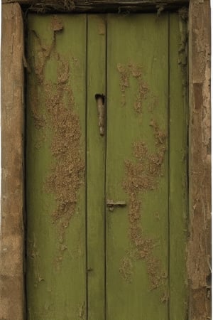 photorealistic image of a mysterious and worm-eaten classic green wooden door through which the years have passed maintaining a worn and gloomy appearance with nothing more than the closed door and a frame of the same color as the door that surrounds it
place: in a field out of context at twelve at night without any light that illuminates it directly

light