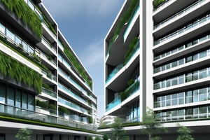 futuristic residential building using advanced technology, with a lot of greenery around it, straight lines, square