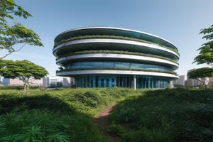 futuristic building that uses advanced technology to integrate perfectly with its environment, making it almost invisible, with a large amount of vegetation around it, straight lines