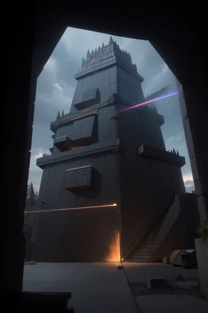 A giant futuristic medieval fortress seen from the sky in the shape of a 4-story stepped pyramid covered in black painted steel sheets with no window looking outside and long-range laser weapons located at each vertex of each level of the fortress.