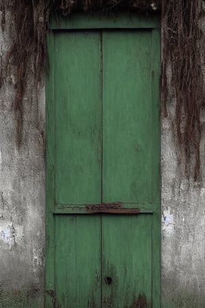 photorealistic image of a mysterious and worm-eaten classic green wooden door through which the years have passed, maintaining a worn and gloomy appearance with nothing more than the closed door and a frame of the same color as the door that surrounds it. place: in a field out of context at twelve at night without any light