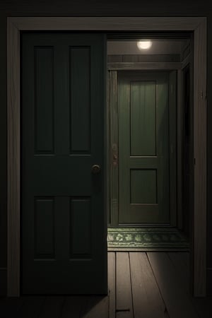 photorealistic image of a classic green wooden door through which the years have passed maintaining a worn and gloomy appearance with nothing more than the closed door and a frame of the same color as the door that surrounds it
place: in an open field at twelve at night without any light that illuminates it directly, only illuminated by some reflection of the streetlights that illuminate the street