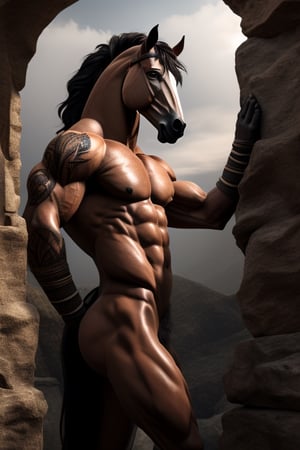 The centaur is an imposing and majestic creature, with the upper half of its body revealing an exceptionally muscular torso, whose defined pectorals and broad shoulders denote its formidable strength. His tanned skin bears the marks of countless battles, decorated with scars that tell his story of bravery. His strong, toned arms feature prominent veins and large, dexterous hands that can handle weapons with deadly precision. Its long slender neck supports a noble and expressive human head, with arched eyebrows, deep wise eyes shining with a penetrating gaze, a straight nose and thin lips. His hair, dark as night, flows in perfect curls that cascade over his shoulders and back, often braided with thin ribbons. The lower half of the centaur exhibits the powerful and elegant musculature of a thoroughbred horse. Four muscular, agile legs support his body with unparalleled grace and strength, each muscle and tendon meticulously sculpted, with sturdy hooves of a dark, robust color that reflect his robustness. The horse's skin is soft and lustrous, covered by a thick, silky coat that appears to shimmer in the sunlight. His long, lush tail adds a touch of grace to his movement, waving elegantly as he moves. The centaur, with his exceptionally detailed physical appearance, exposing his large, realistically erect horse penis and two large testicles laden with realistic semen. quiver containing finely carved arrows and an artistically designed bow on his back, demonstrating his prowess in ranged combat. His skin is adorned with intricate tattoos depicting his feats and achievements throughout his life, adding a touch of uniqueness to his already impressive physical appearance.