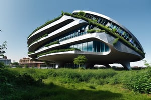 futuristic building that uses advanced technology to integrate perfectly with its environment, making it almost invisible, with a large amount of vegetation around it, straight lines