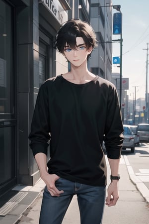 handsome, cool boy 18-year-old  with blue eyes, short black hair, and dressed in comfortable black clothing.