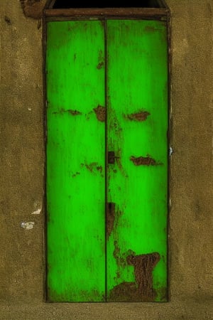 photorealistic image of a mysterious and worm-eaten classic green wooden door through which the years have passed, maintaining a worn and gloomy appearance with nothing more than the closed door and a frame of the same color as the door that surrounds it. place: in a field out of context at twelve at night without any light