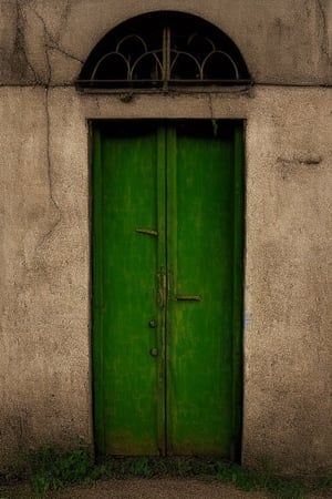 photorealistic image of a mysterious and worm-eaten classic green wooden door through which the years have passed maintaining a worn and gloomy appearance with nothing more than the closed door and a frame of the same color as the door that surrounds it
place: in a field out of context at twelve at night without any light that illuminates it directly

light