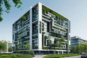 futuristic residential building using advanced technology, with a lot of greenery around it, straight lines, square