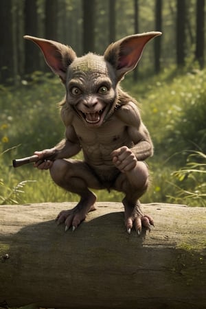 Small and agile goblin, measuring approximately 1 meter in height. Its greenish skin, dotted with some darker spots that give it a camouflaged appearance in the forests where it lives. It has pointed ears that move constantly, picking up sounds and movements around it. His eyes are large and yellow, with a shrewd and alert look that denotes his keen intelligence. The goblin's head is crowned with a mane of greasy, dark hair that falls in messy strands over his forehead. His teeth are sharp and pointed, giving him a somewhat sinister smile. He has small but agile hands and feet, He dresses in rags of threadbare cloth and the skins of animals he has hunted, His posture is hunched over and he always seems ready to hide or escape at any moment.