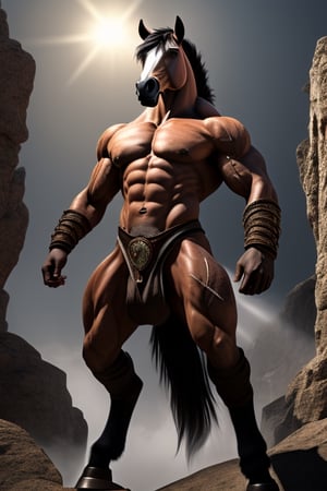 The centaur is an imposing and majestic creature, with the upper half of its body revealing an exceptionally muscular torso, whose defined pectorals and broad shoulders denote its formidable strength. His tanned skin bears the marks of countless battles, decorated with scars that tell his story of bravery. His strong, toned arms feature prominent veins and large, dexterous hands that can handle weapons with deadly precision. Its long slender neck supports a noble and expressive human head, with arched eyebrows, deep wise eyes shining with a penetrating gaze, a straight nose and thin lips. His hair, dark as night, flows in perfect curls that cascade over his shoulders and back, often braided with thin ribbons. The lower half of the centaur exhibits the powerful and elegant musculature of a thoroughbred horse. Four muscular, agile legs support his body with unparalleled grace and strength, each muscle and tendon meticulously sculpted, with sturdy hooves of a dark, robust color that reflect his robustness. The horse's skin is soft and lustrous, covered by a thick, silky coat that appears to shimmer in the sunlight. His long, lush tail adds a touch of grace to his movement, waving elegantly as he moves. The centaur, with his exceptionally detailed physical appearance, exposing his large, lifelike erect horse penis and two large testicles laden with realistic semen. His skin is adorned with intricate tattoos depicting his feats and achievements throughout his life, adding a touch of uniqueness to his already impressive physical appearance.