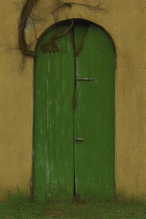 photorealistic image of a mysterious and worm-eaten classic green wooden door through which the years have passed, maintaining a worn and gloomy appearance with nothing more than the closed door and a frame of the same color as the door that surrounds it. place: in a field out of context at twelve at night without any light