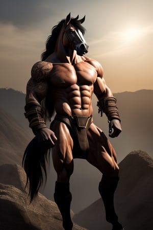 The centaur is an imposing and majestic creature, with the upper half of its body revealing an exceptionally muscular torso, whose defined pectorals and broad shoulders denote its formidable strength. His tanned skin bears the marks of countless battles, decorated with scars that tell his story of bravery. His strong, toned arms feature prominent veins and large, dexterous hands that can handle weapons with deadly precision. Its long, slender neck supports a noble and expressive human head, with arched eyebrows, deep and wise eyes that shine with a penetrating gaze, a straight nose and thin lips that suggest an enigmatic serenity. His hair, dark as night, flows in perfect curls that cascade over his shoulders and back, often braided with thin ribbons. The lower half of the centaur exhibits the powerful and elegant musculature of a thoroughbred horse. Four muscular, agile legs support his body with unparalleled grace and strength, each muscle and tendon meticulously sculpted, with sturdy hooves of a dark, robust color that reflect his robustness. The horse's skin is soft and lustrous, covered by a thick, silky coat that appears to shimmer in the sunlight. His long, lush tail adds a touch of grace to his movement, billowing elegantly as he moves. The centaur, with his exceptionally detailed physical appearance, exposing his large erect horse-like penis and two large, cum-laden testicles. He carries a quiver containing finely crafted arrows. carved sculptures and an artistically designed bow on his back, demonstrating his prowess in ranged combat. His skin is adorned with intricate tattoos depicting his feats and achievements throughout his life, adding a touch of uniqueness to his already impressive physical appearance.