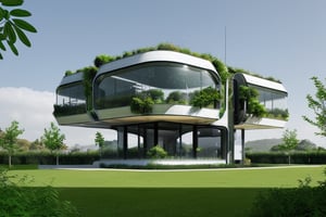 futuristic house using advanced technology, with a lot of greenery around it, straight lines, square